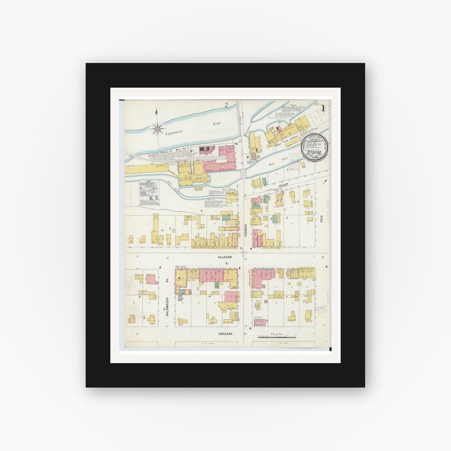 Old map wall art mockup — black gallery frame with white mat — Sanborn Fire Insurance Map from Otsego, Allegan County, Michigan (1899), Sheet #0001