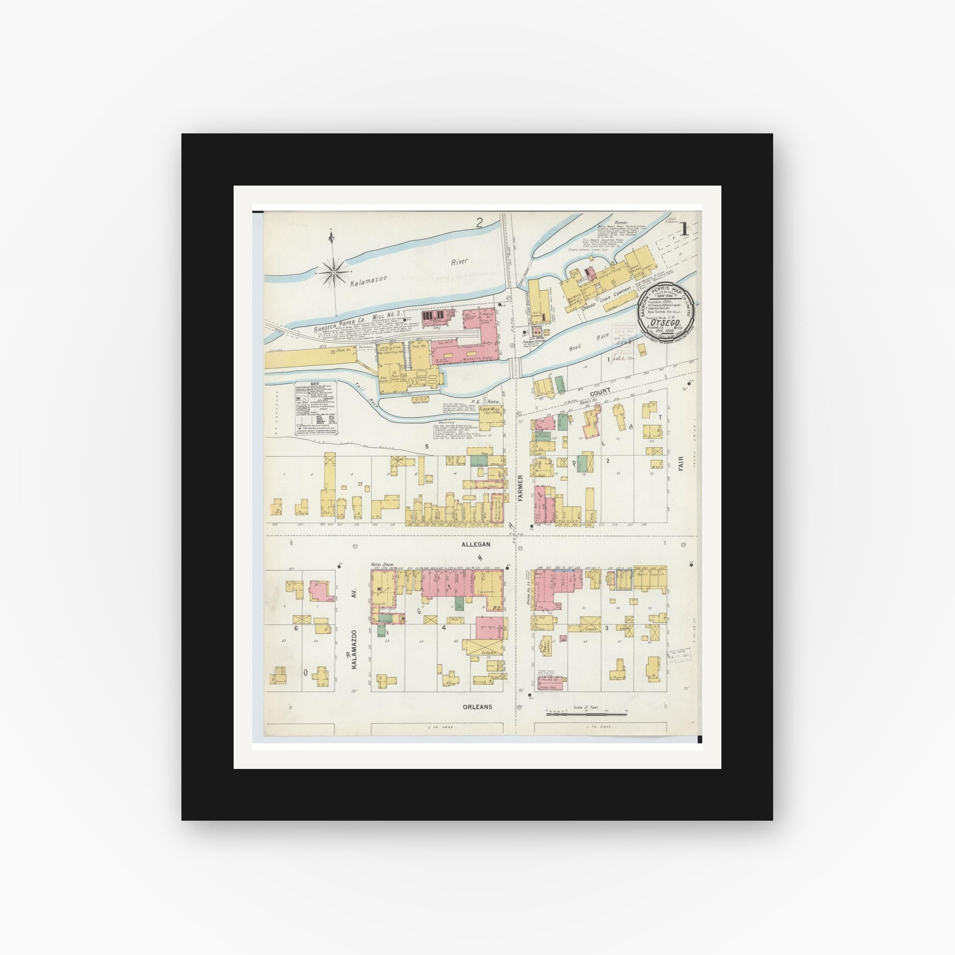 Old map wall art mockup — black gallery frame with white mat — Sanborn Fire Insurance Map from Otsego, Allegan County, Michigan (1899), Sheet #0001