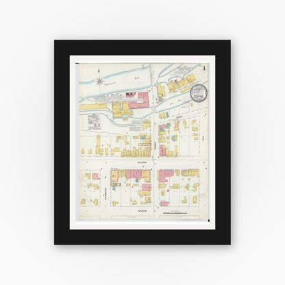 Old map wall art mockup — black gallery frame with white mat — Sanborn Fire Insurance Map from Otsego, Allegan County, Michigan (1899), Sheet #0001