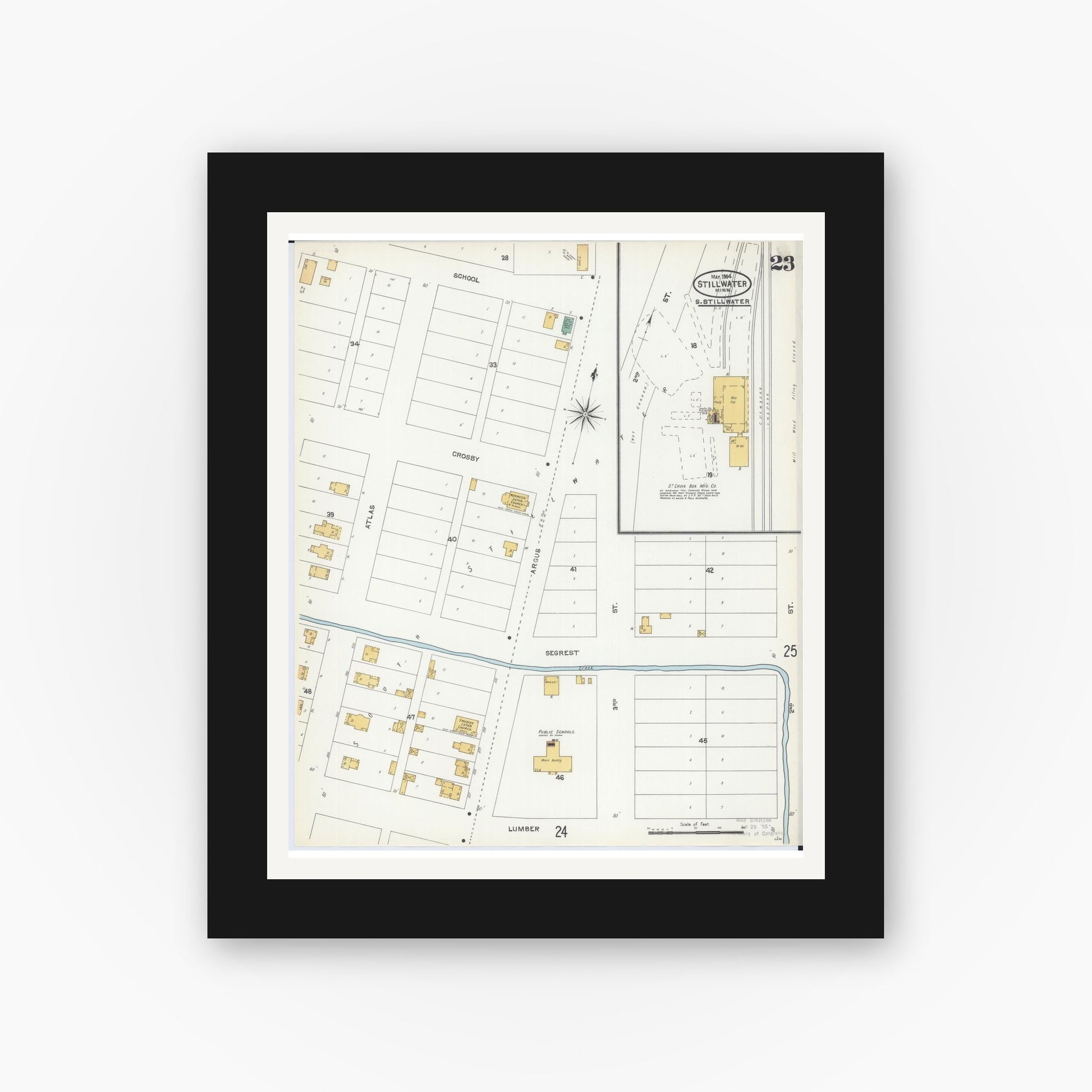 Old map wall art mockup — black gallery frame with white mat — Sanborn Fire Insurance Map from Stillwater, Washington County, Minnesota (1904), Sheet #0023
