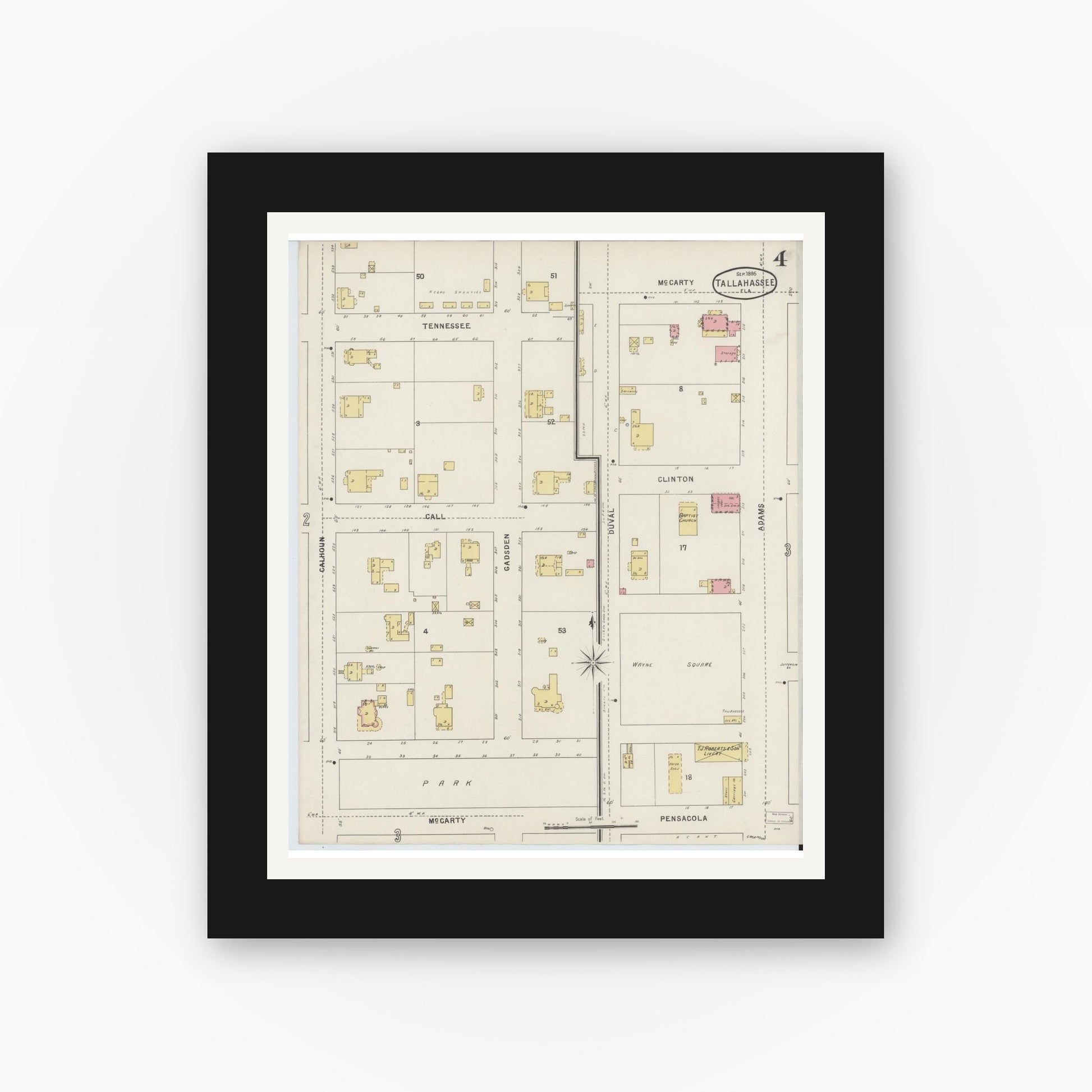 Old map wall art mockup — black gallery frame with white mat — Sanborn Fire Insurance Map from Tallahassee, Leon County, Florida (1895), Sheet #0004