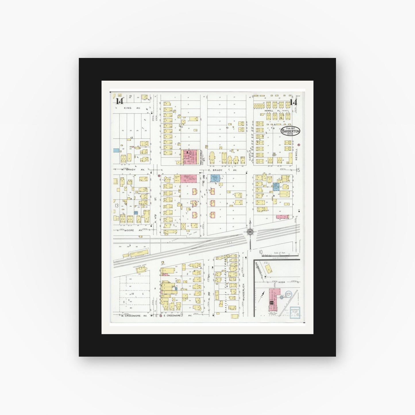 Old map wall art mockup — black gallery frame with white mat — Sanborn Fire Insurance Map from Barberton, Summit County, Ohio (1927), Sheet #0014