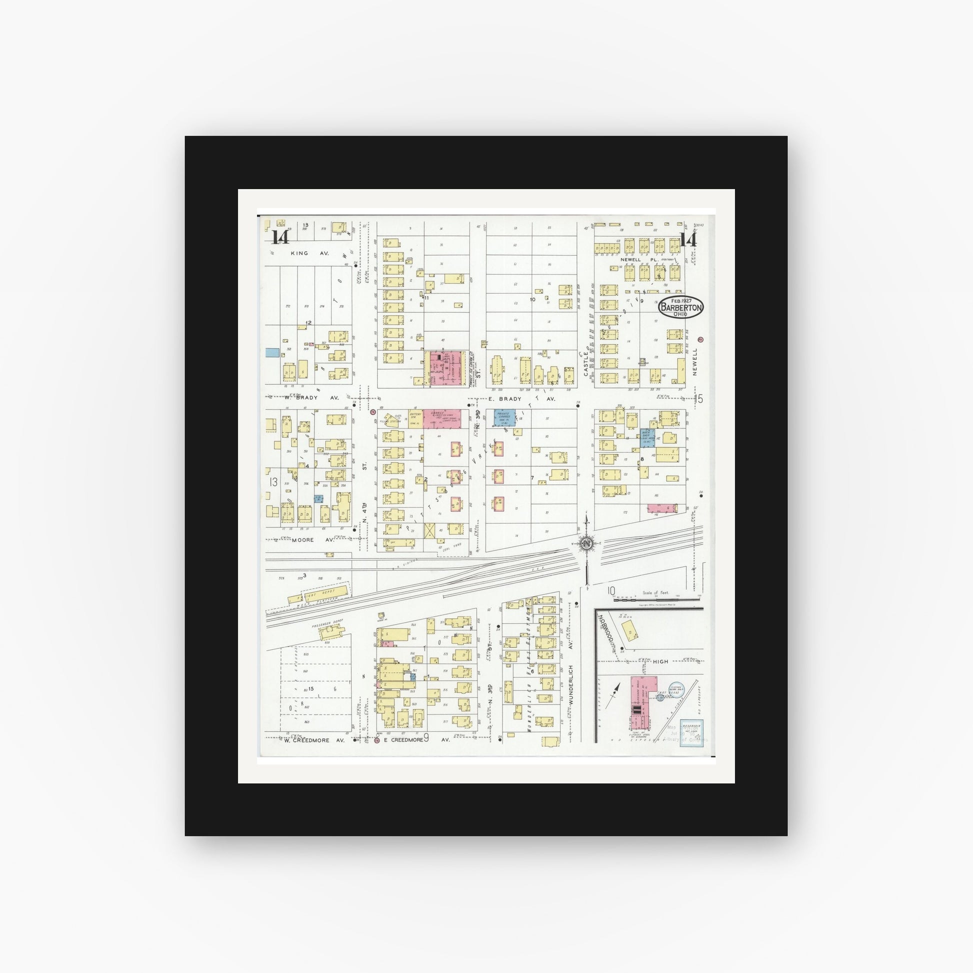Old map wall art mockup — black gallery frame with white mat — Sanborn Fire Insurance Map from Barberton, Summit County, Ohio (1927), Sheet #0014