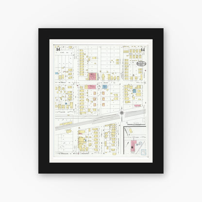 Old map wall art mockup — black gallery frame with white mat — Sanborn Fire Insurance Map from Barberton, Summit County, Ohio (1927), Sheet #0014