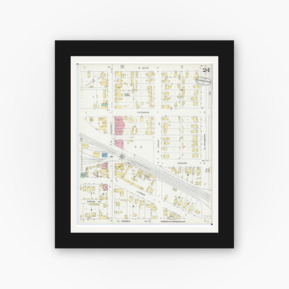 Old map wall art mockup — black gallery frame with white mat — Sanborn Fire Insurance Map from Bloomington, McLean County, Illinois (1896), Sheet #0024