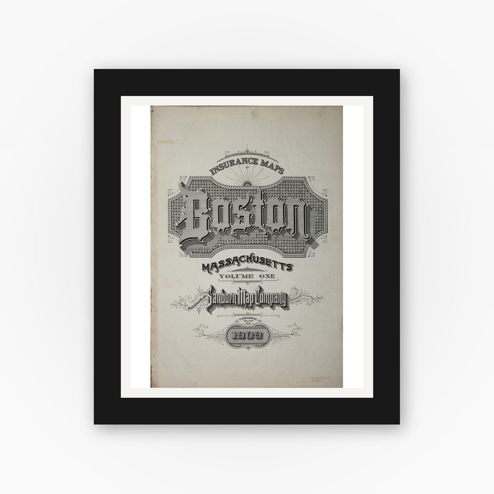 Old map wall art mockup — black gallery frame with white mat — Sanborn Fire Insurance Map from Boston, Suffolk County, Massachusetts (1909), Sheet #0001