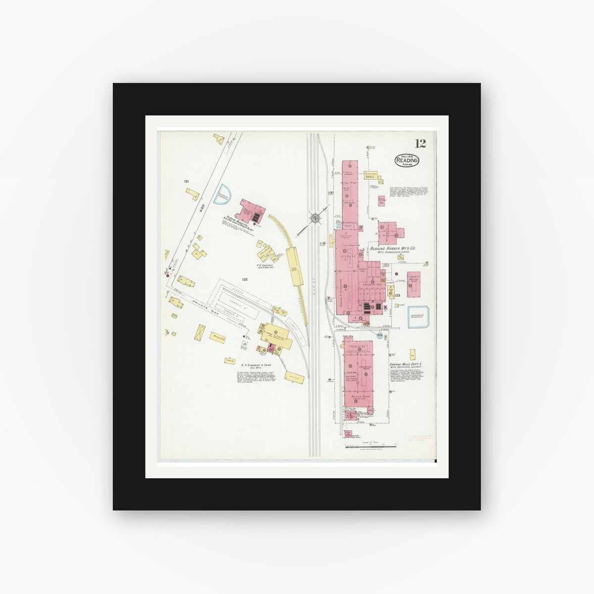 Old map wall art mockup — black gallery frame with white mat — Sanborn Fire Insurance Map from Reading, Middlesex County, Massachusetts (1918), Sheet #0012