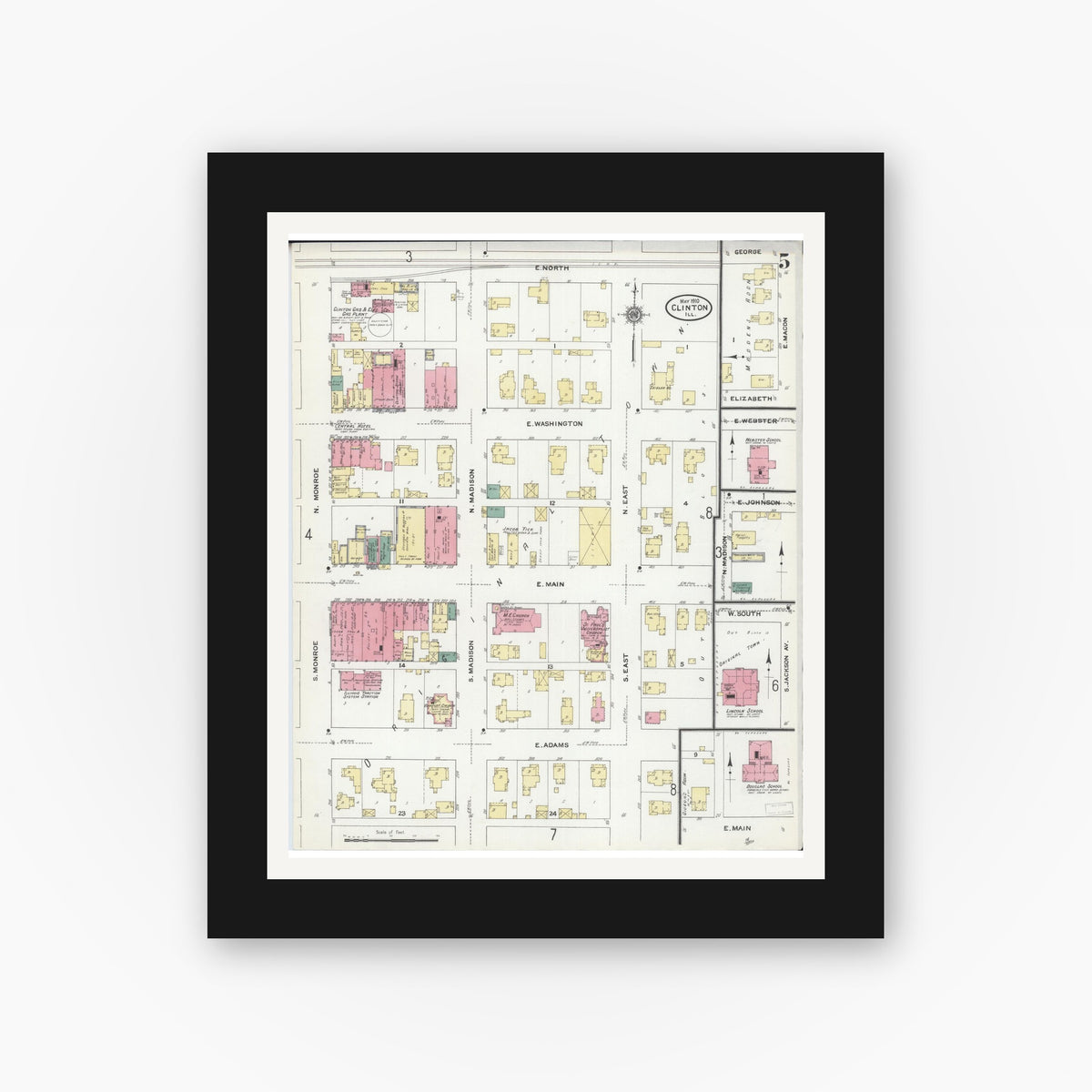 Old map wall art mockup — black gallery frame with white mat — Sanborn Fire Insurance Map from Clinton, De Witt County, Illinois (1910), Sheet #0005