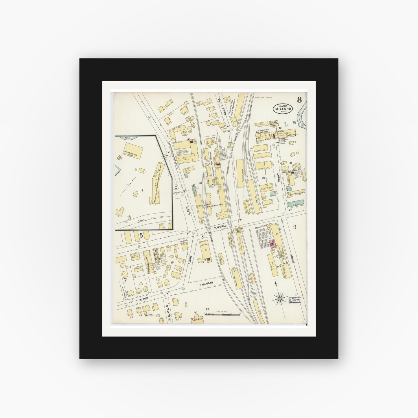 Old map wall art mockup — black gallery frame with white mat — Sanborn Fire Insurance Map from Milford, Worcester County, Massachusetts (1897), Sheet #0008