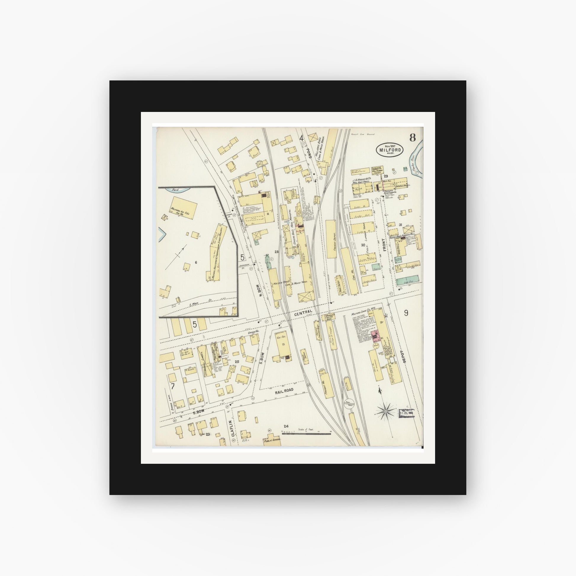 Old map wall art mockup — black gallery frame with white mat — Sanborn Fire Insurance Map from Milford, Worcester County, Massachusetts (1897), Sheet #0008