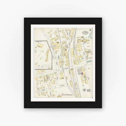 Old map wall art mockup — black gallery frame with white mat — Sanborn Fire Insurance Map from Milford, Worcester County, Massachusetts (1897), Sheet #0008