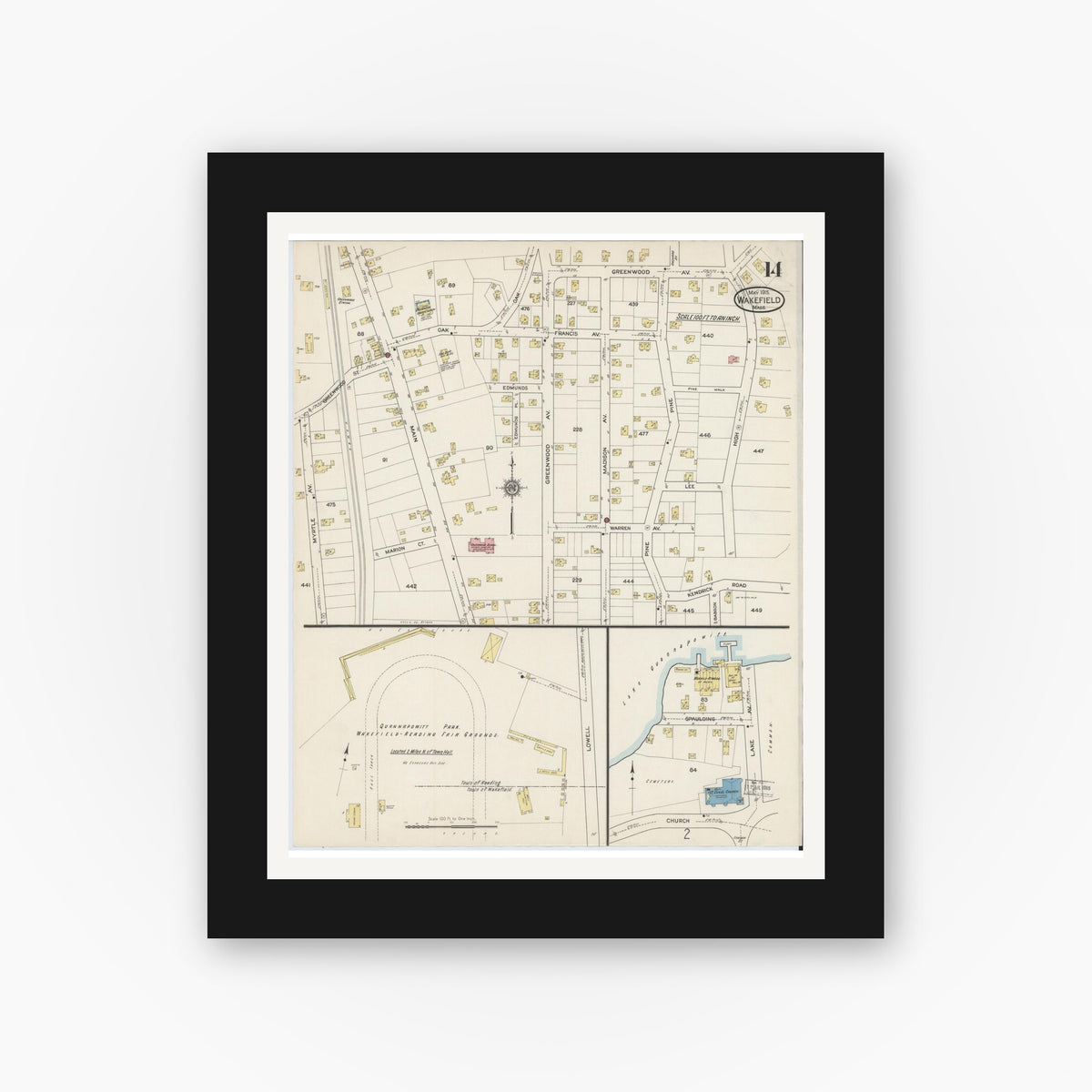 Old map wall art mockup — black gallery frame with white mat — Sanborn Fire Insurance Map from Wakefield, Middlesex County, Massachusetts (1915), Sheet #0014