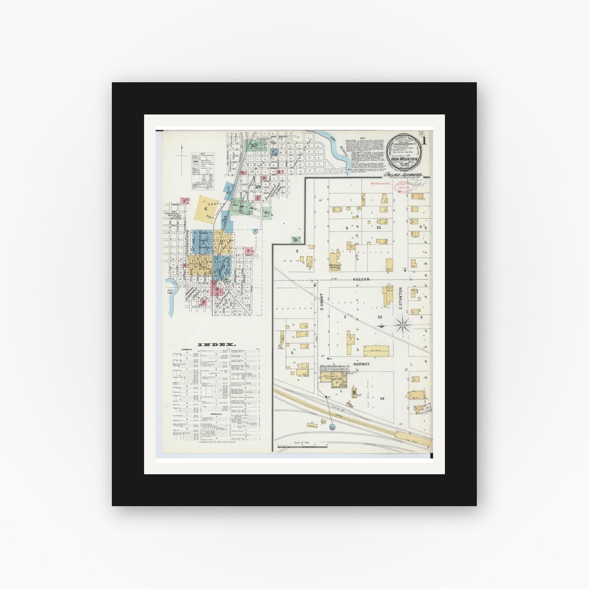 Old map wall art mockup — black gallery frame with white mat — Sanborn Fire Insurance Map from Iron Mountain, Dickinson County, Michigan (1897) - Complete Map Set