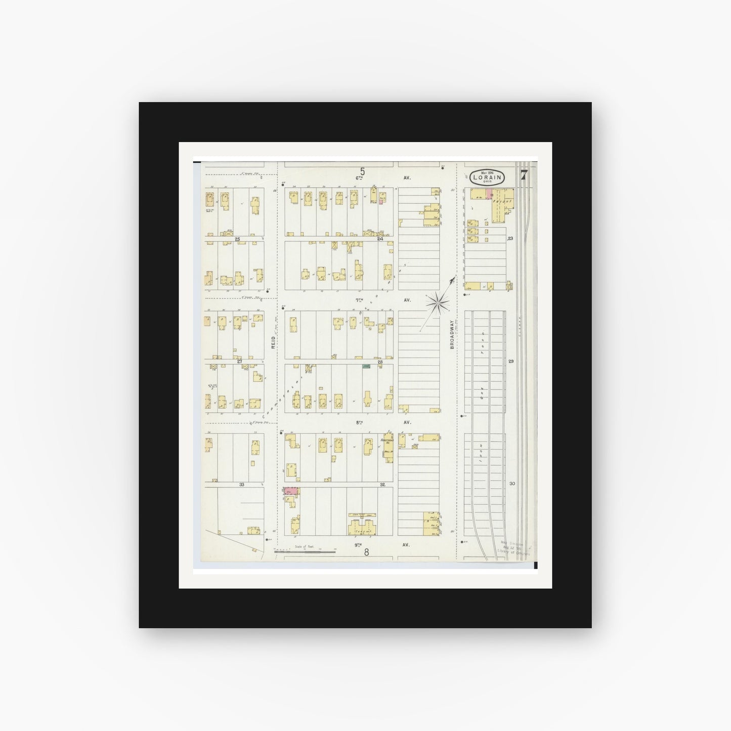 Old map wall art mockup — black gallery frame with white mat — Sanborn Fire Insurance Map from Lorain, Lorain County, Ohio (1896), Sheet #0007