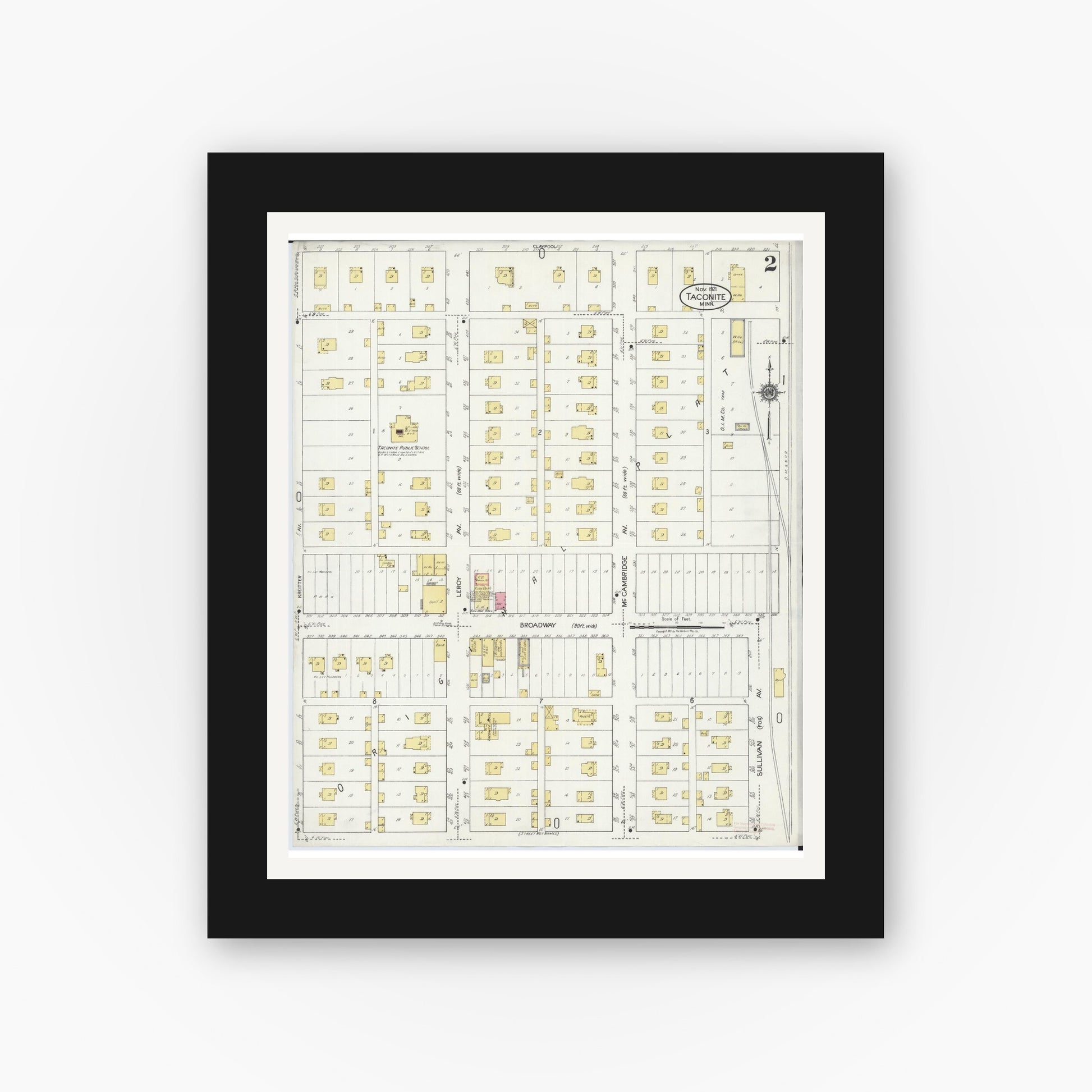 Old map wall art mockup — black gallery frame with white mat — Sanborn Fire Insurance Map from Taconite, Ltasca County, Minnesota (1921), Sheet #0002