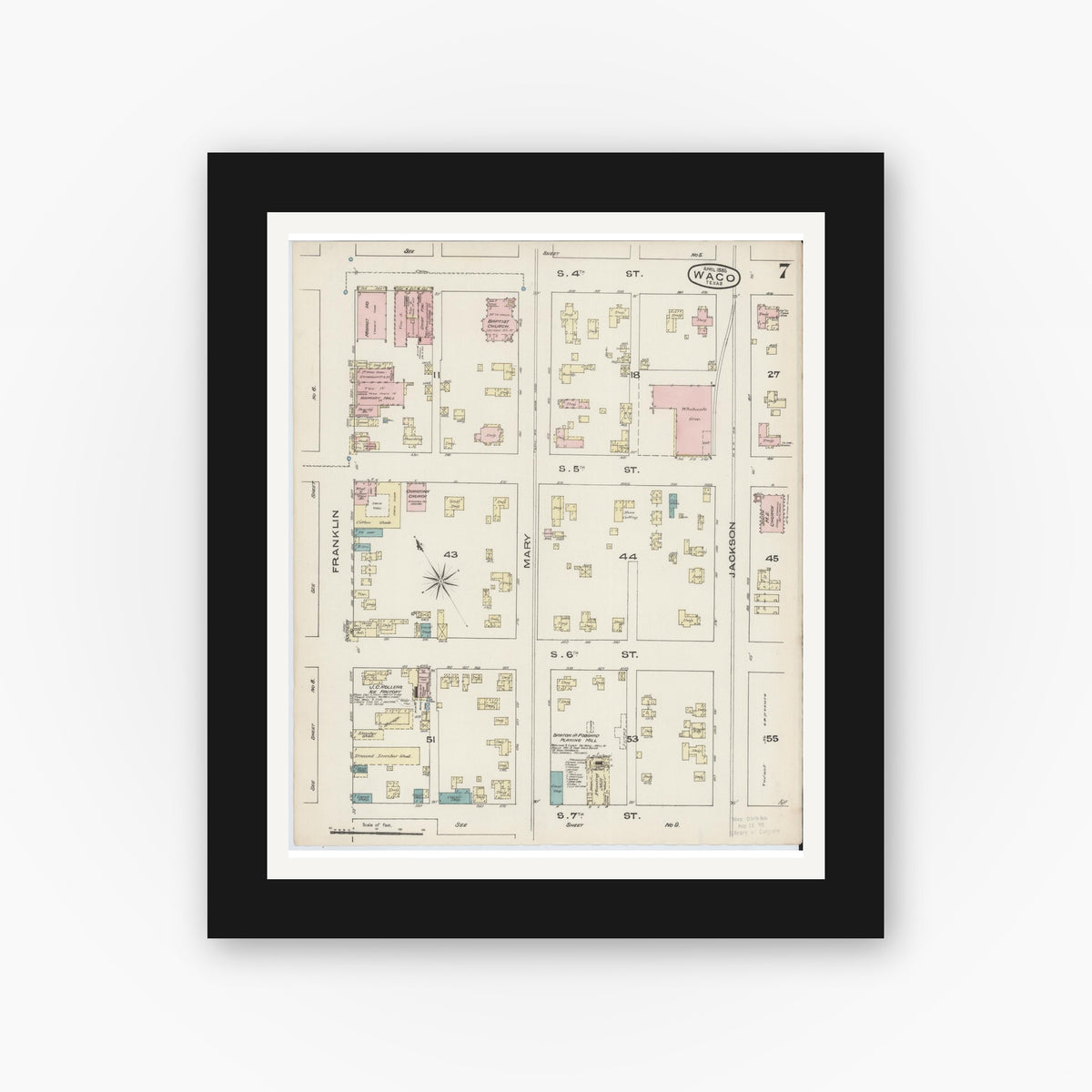 Old map wall art mockup — black gallery frame with white mat — Sanborn Fire Insurance Map from Waco, McLennan County, Texas (1885), Sheet #0007