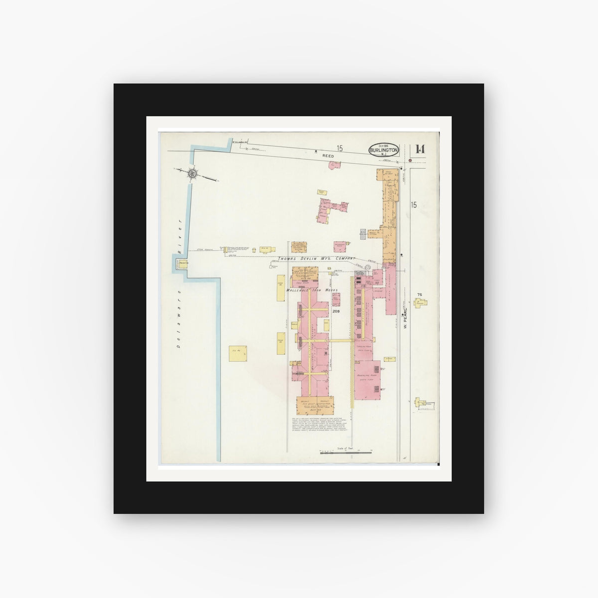 Old map wall art mockup — black gallery frame with white mat — Sanborn Fire Insurance Map from Burlington, Burlington County, New Jersey (1915), Sheet #0014