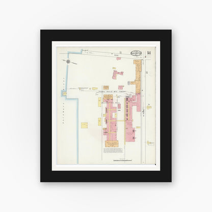Old map wall art mockup — black gallery frame with white mat — Sanborn Fire Insurance Map from Burlington, Burlington County, New Jersey (1915), Sheet #0014