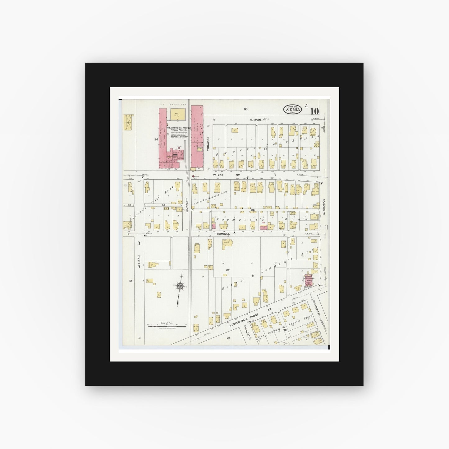 Old map wall art mockup — black gallery frame with white mat — Sanborn Fire Insurance Map from Xenia, Greene County, Ohio (1919), Sheet #0010