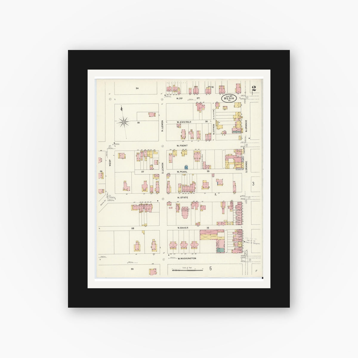 Old map wall art mockup — black gallery frame with white mat — Sanborn Fire Insurance Map from Media, Delaware County, Pennsylvania (1907), Sheet #0002
