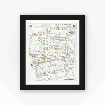 Old map wall art mockup — black gallery frame with white mat — Sanborn Fire Insurance Map from Chambersburg, Franklin County, Pennsylvania (1924), Sheet #0020