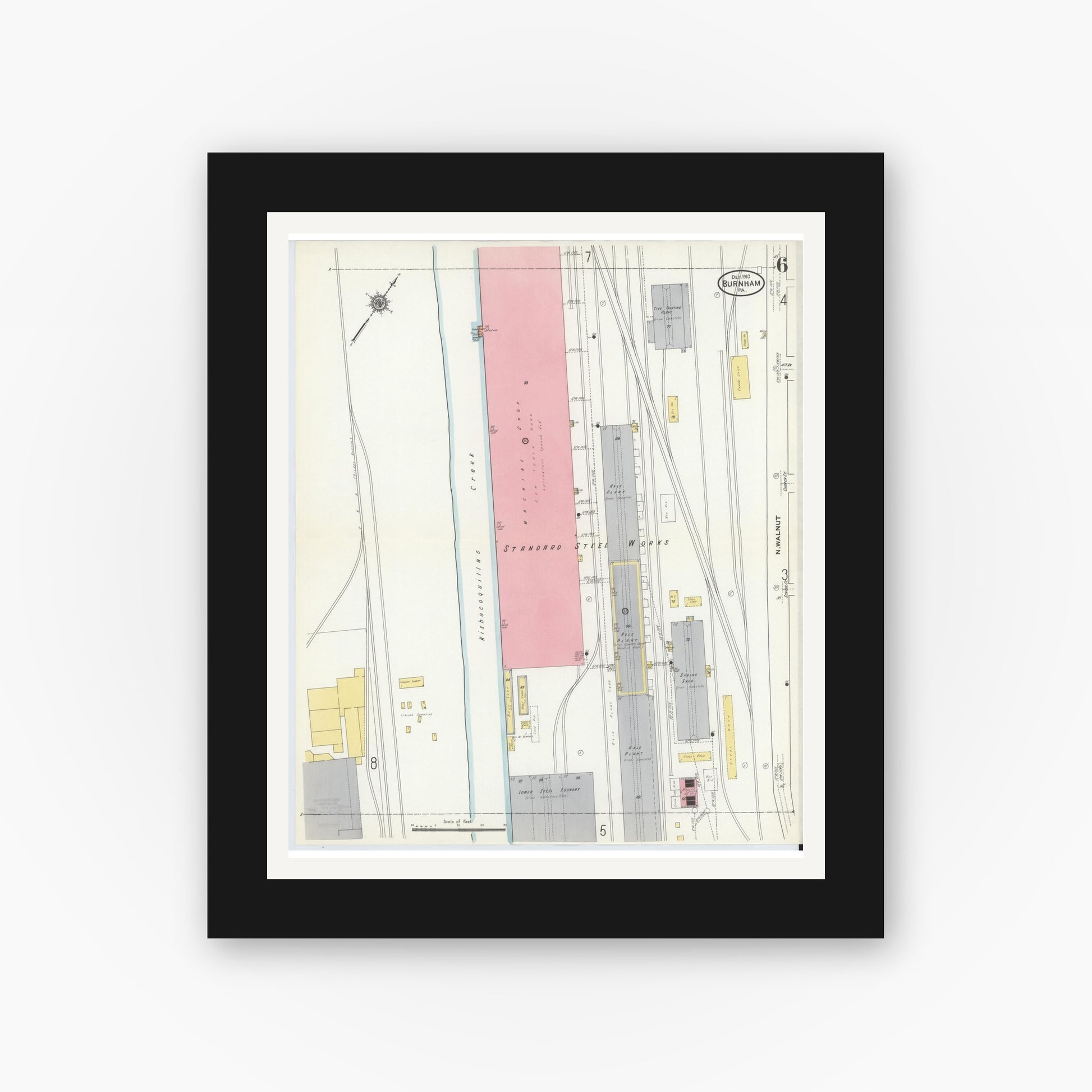 Old map wall art mockup — black gallery frame with white mat — Sanborn Fire Insurance Map from Burnham, Mifflin County, Pennsylvania (1910), Sheet #0006