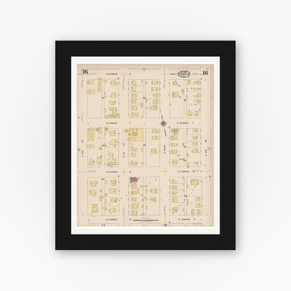 Old map wall art mockup — black gallery frame with white mat — Sanborn Fire Insurance Map from Temple, Bell County, Texas (1922), Sheet #0016