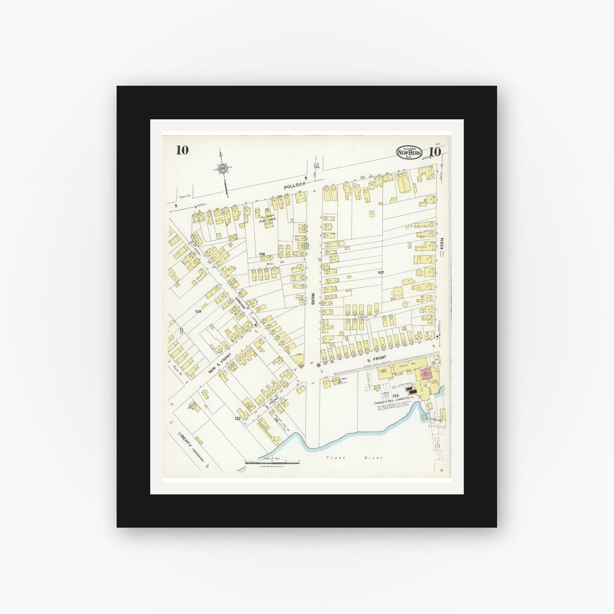 Old map wall art mockup — black gallery frame with white mat — Sanborn Fire Insurance Map from New Bern, Craven County, North Carolina (1924), Sheet #0010