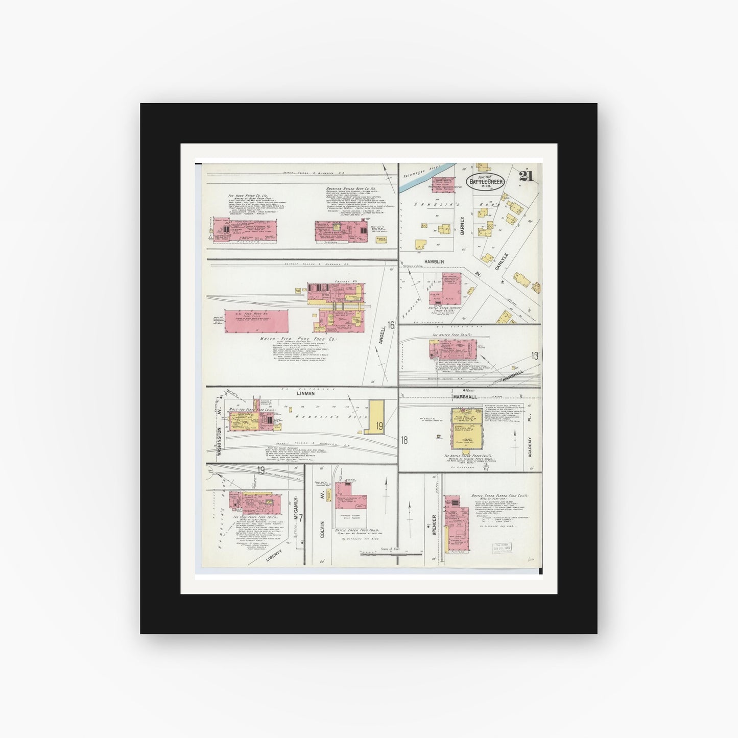Old map wall art mockup — black gallery frame with white mat — Sanborn Fire Insurance Map from Battle Creek, Calhoun County, Michigan (1902), Sheet #0021
