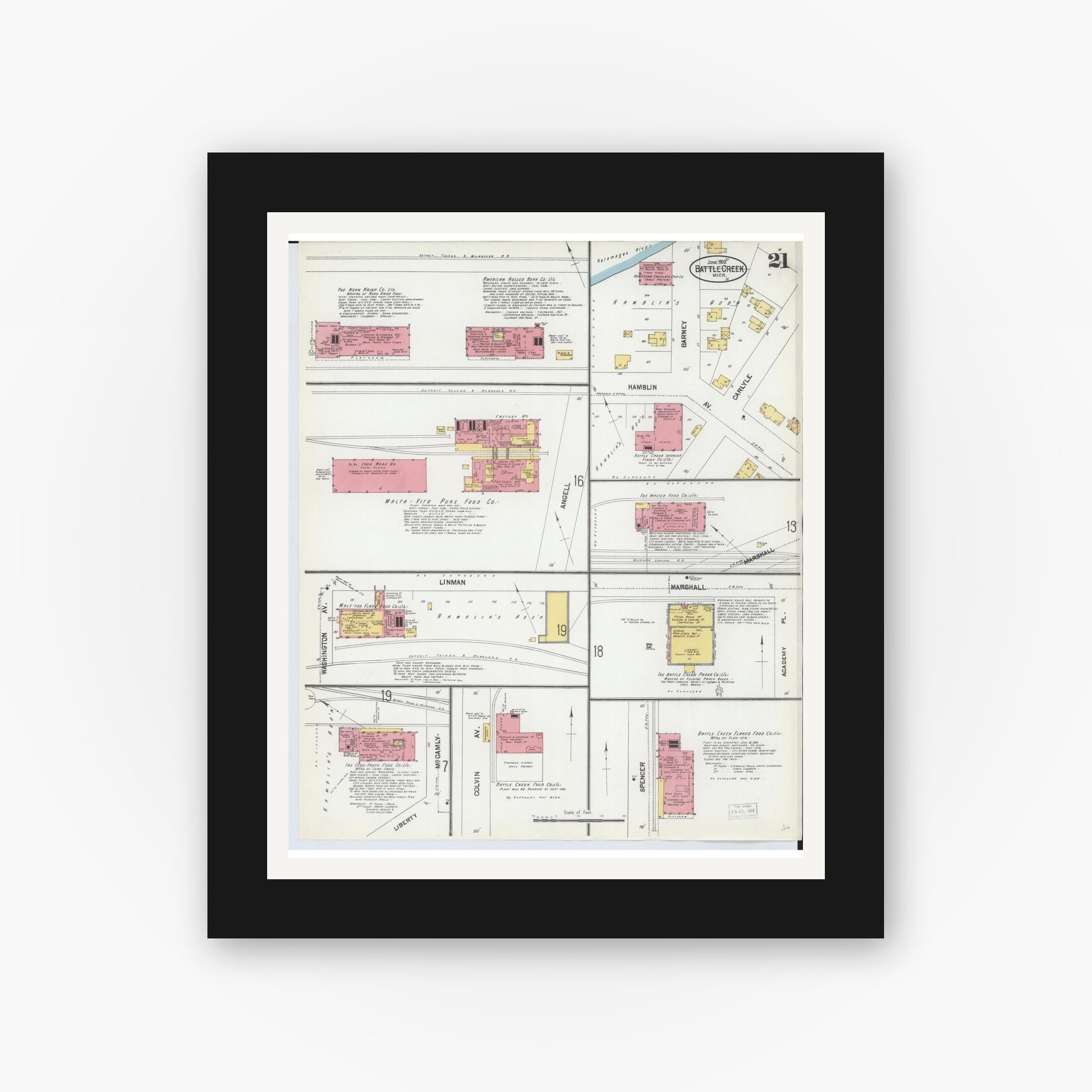 Old map wall art mockup — black gallery frame with white mat — Sanborn Fire Insurance Map from Battle Creek, Calhoun County, Michigan (1902), Sheet #0021