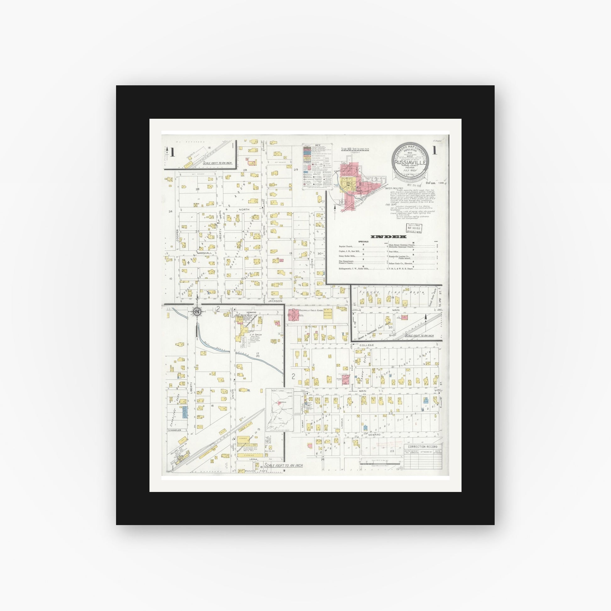 Old map wall art mockup — black gallery frame with white mat — Sanborn Fire Insurance Map from Russiaville, Howard County, Indiana (1933) - Complete Map Set