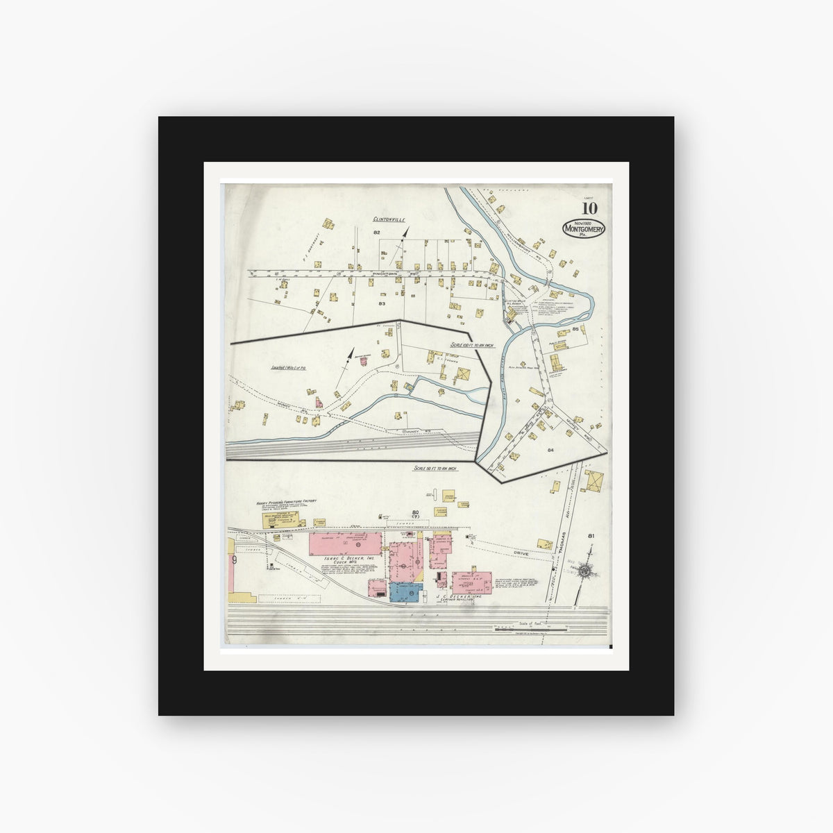 Old map wall art mockup — black gallery frame with white mat — Sanborn Fire Insurance Map from Montgomery, Lycoming County, Pennsylvania (1920), Sheet #0010
