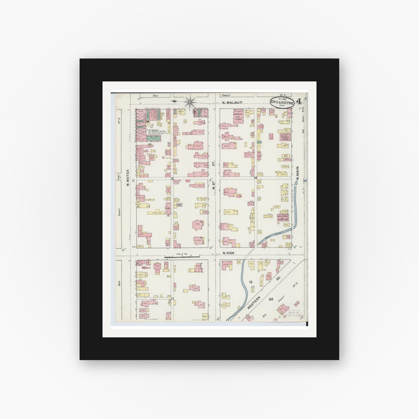 Old map wall art mockup — black gallery frame with white mat — Sanborn Fire Insurance Map from Chillicothe, Ross County, Ohio (1890), Sheet #0004