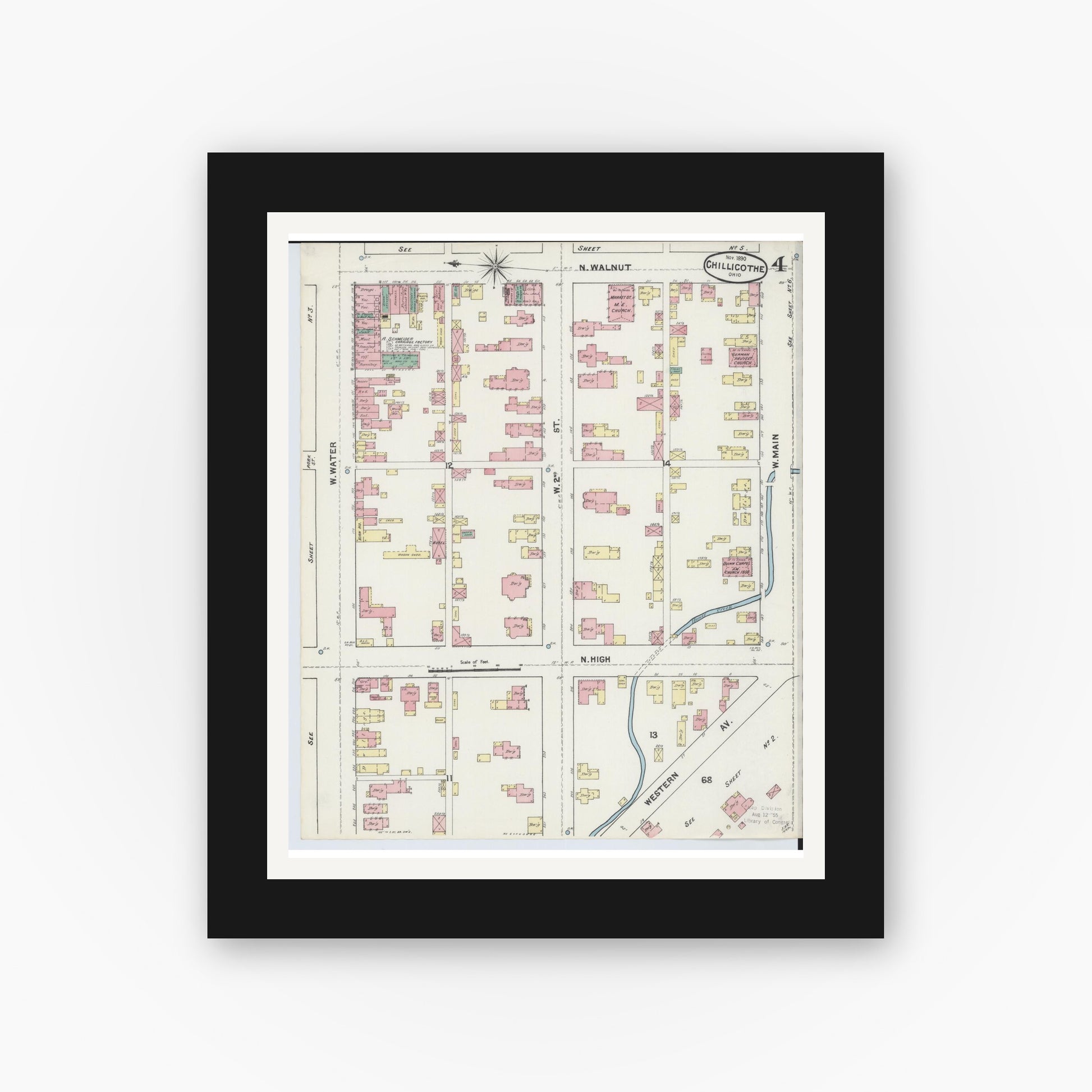 Old map wall art mockup — black gallery frame with white mat — Sanborn Fire Insurance Map from Chillicothe, Ross County, Ohio (1890), Sheet #0004