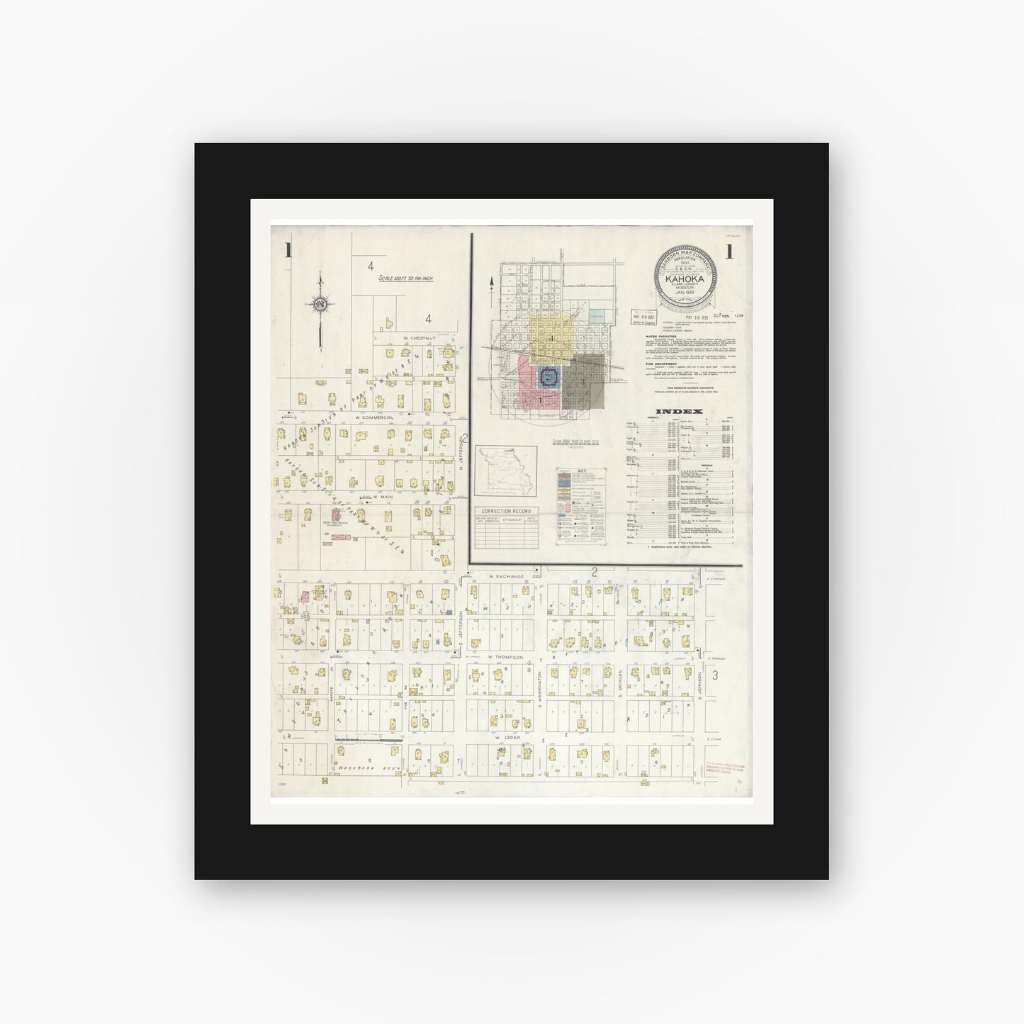 Old map wall art mockup — black gallery frame with white mat — Sanborn Fire Insurance Map from Kahoka, Clark County, Missouri (1933) - Complete Map Set