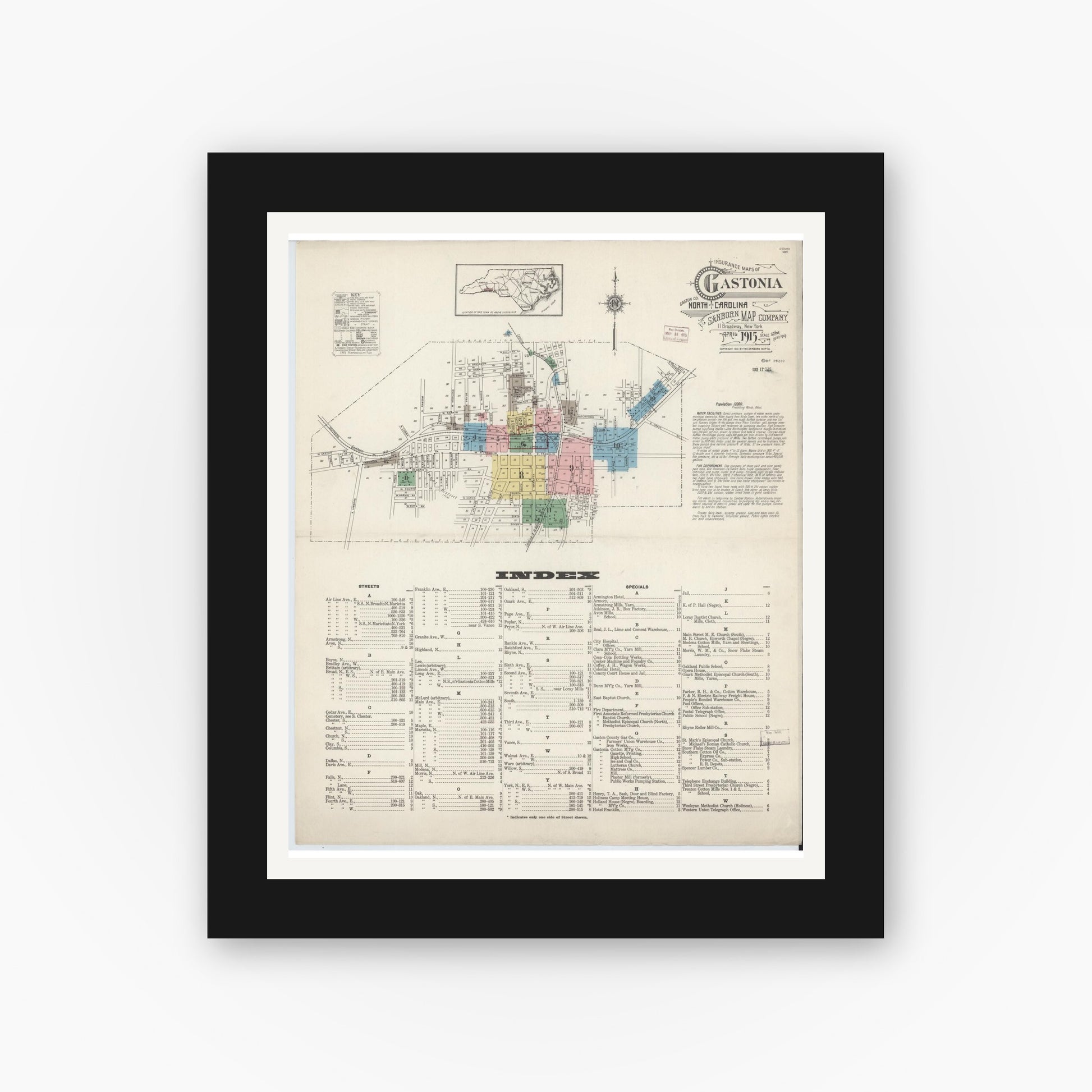 Old map wall art mockup — black gallery frame with white mat — Sanborn Fire Insurance Map from Gastonia, Gaston County, North Carolina (1915) - Complete Map Set