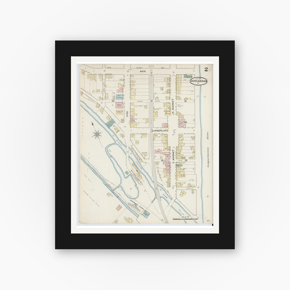 Old map wall art mockup — black gallery frame with white mat — Sanborn Fire Insurance Map from Duncannon, Perry County, Pennsylvania (1888), Sheet #0002