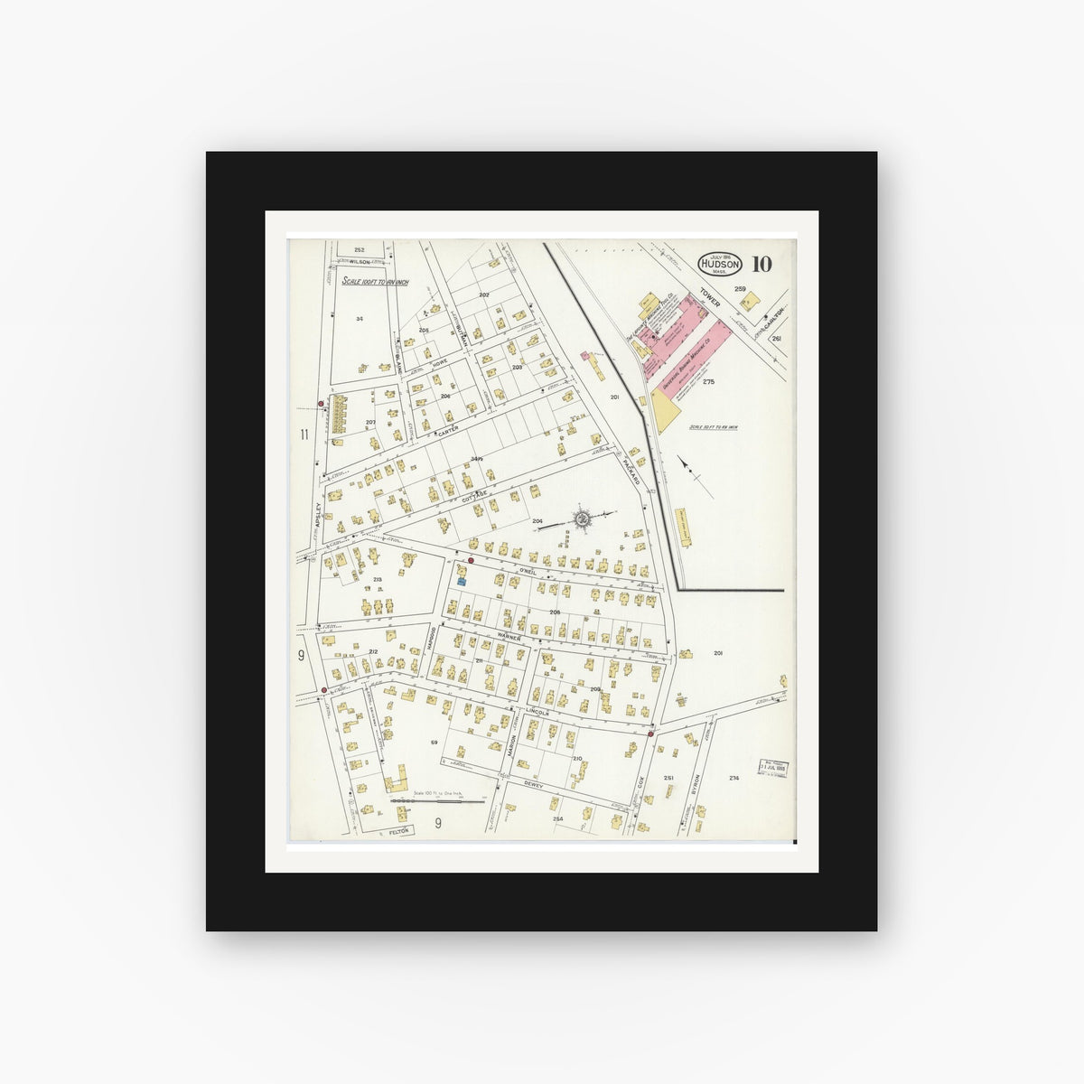 Old map wall art mockup — black gallery frame with white mat — Sanborn Fire Insurance Map from Hudson, Middlesex County, Massachusetts (1916), Sheet #0010