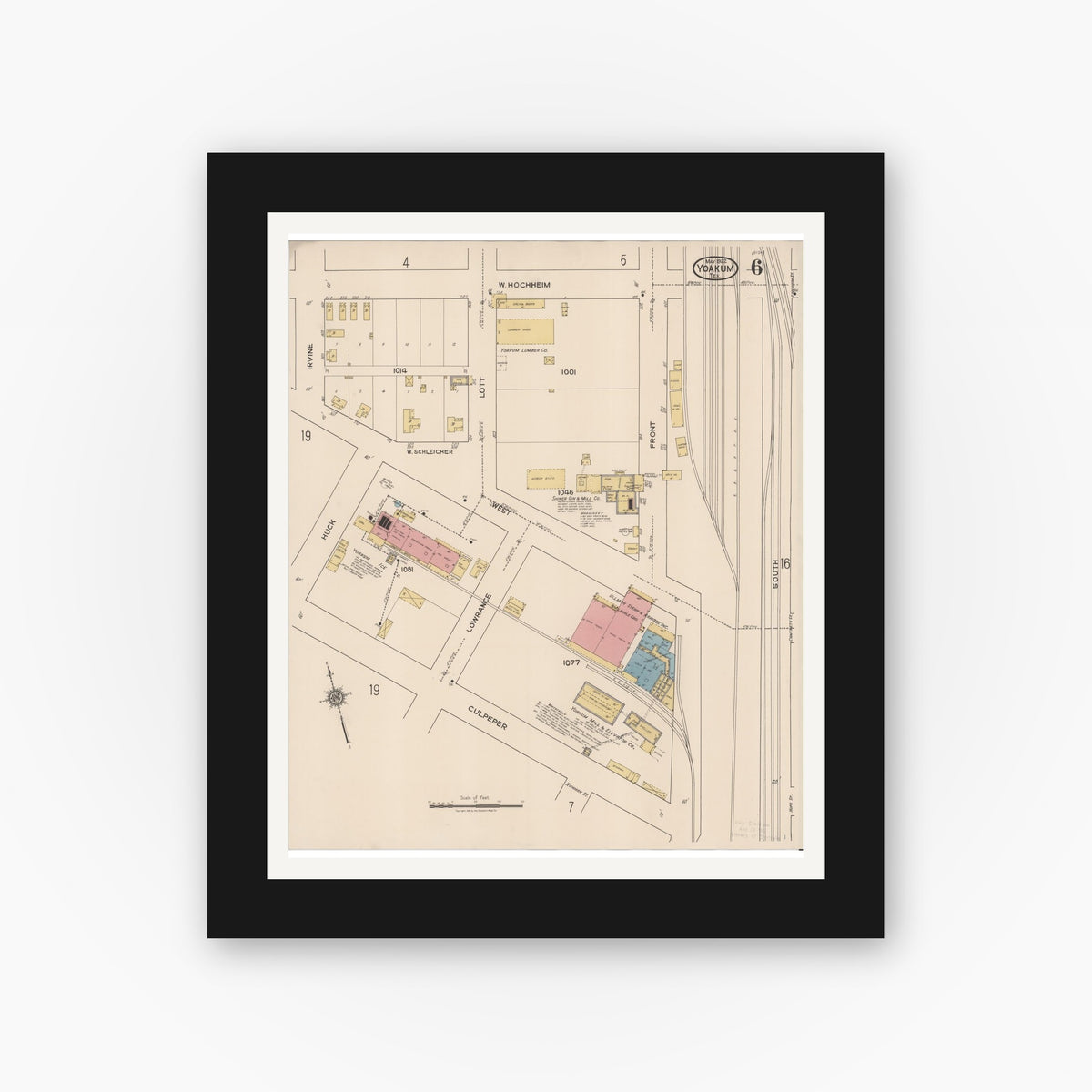 Old map wall art mockup — black gallery frame with white mat — Sanborn Fire Insurance Map from Yoakum, De Witt And Lavaca Counties, Texas (1922), Sheet #0006
