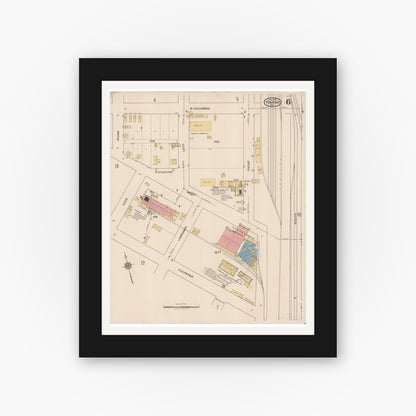 Old map wall art mockup — black gallery frame with white mat — Sanborn Fire Insurance Map from Yoakum, De Witt And Lavaca Counties, Texas (1922), Sheet #0006