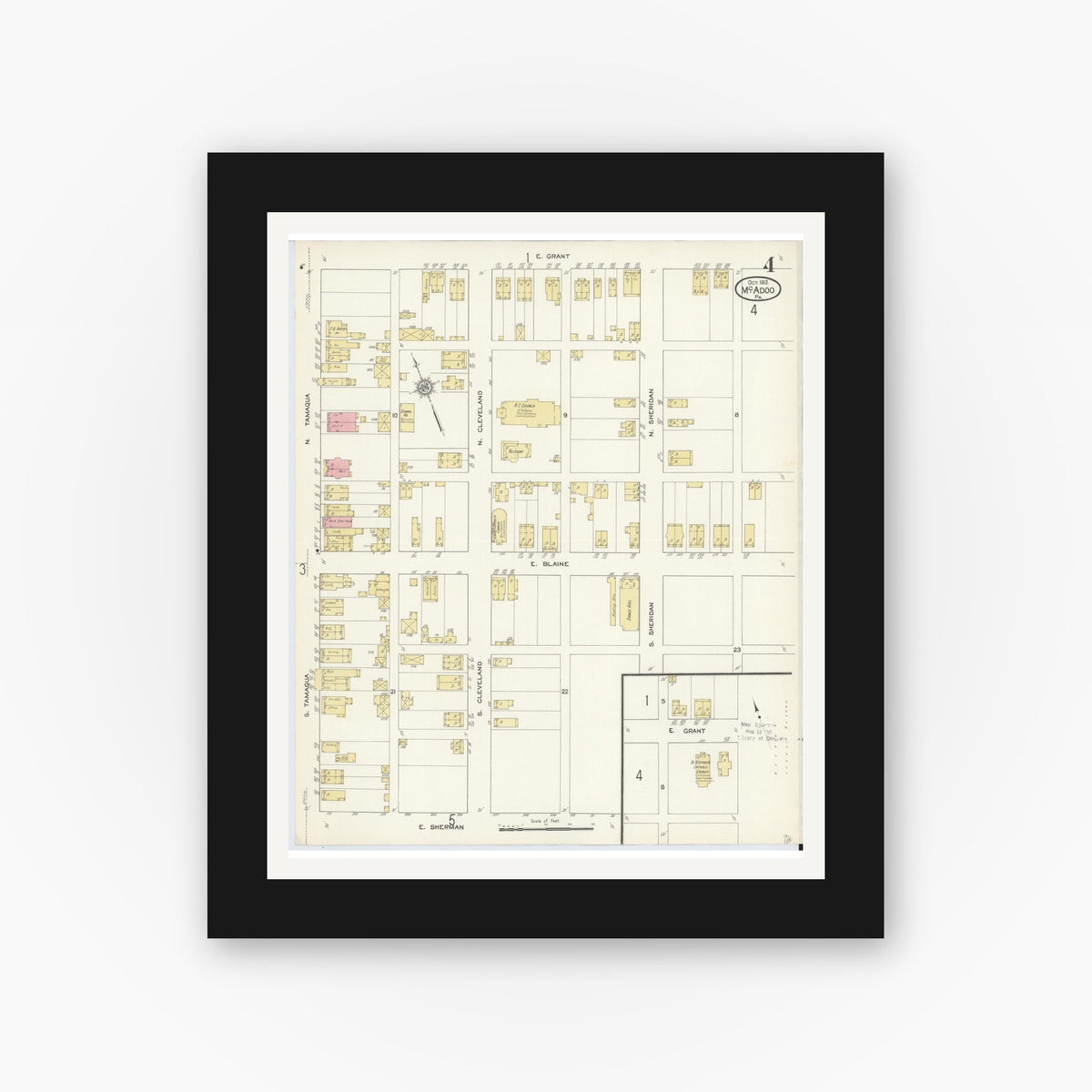 Old map wall art mockup — black gallery frame with white mat — Sanborn Fire Insurance Map from McAdoo, Schuylkill County, Pennsylvania (1912), Sheet #0004