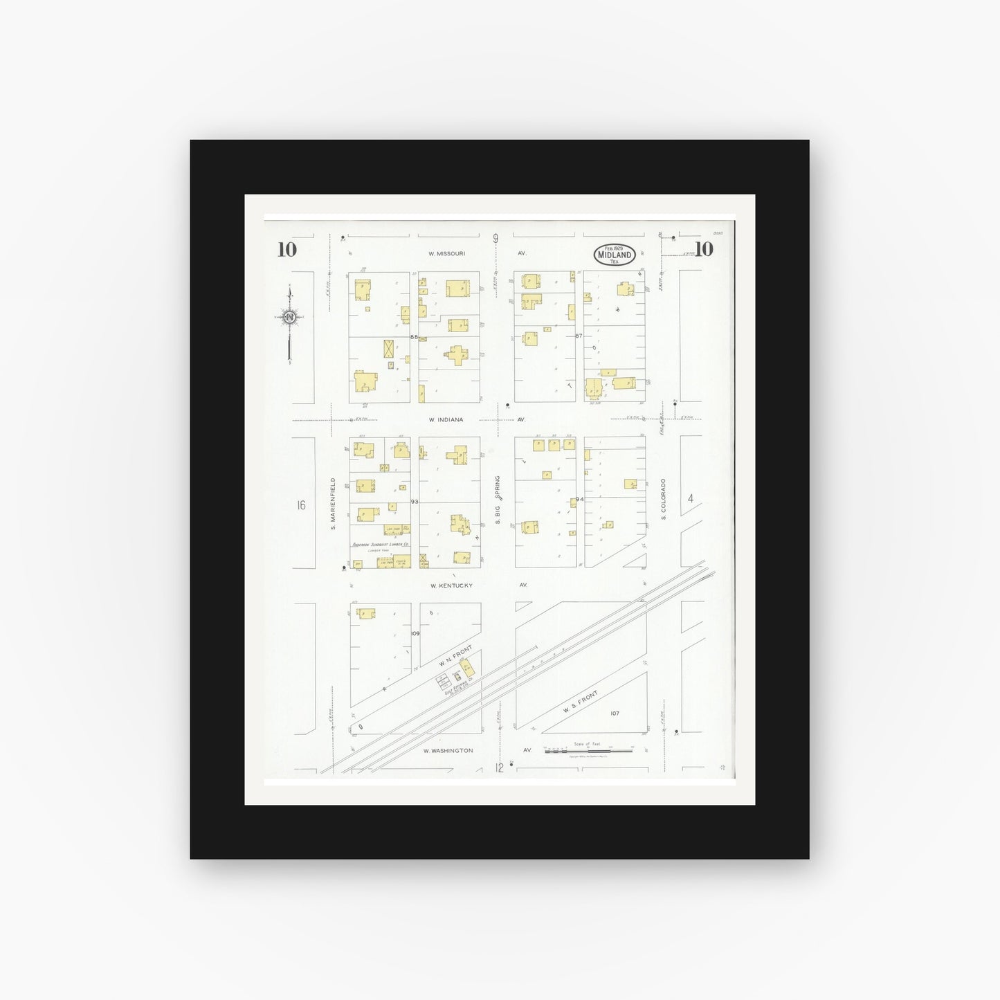 Old map wall art mockup — black gallery frame with white mat — Sanborn Fire Insurance Map from Midland, Midland County, Texas (1929), Sheet #0010