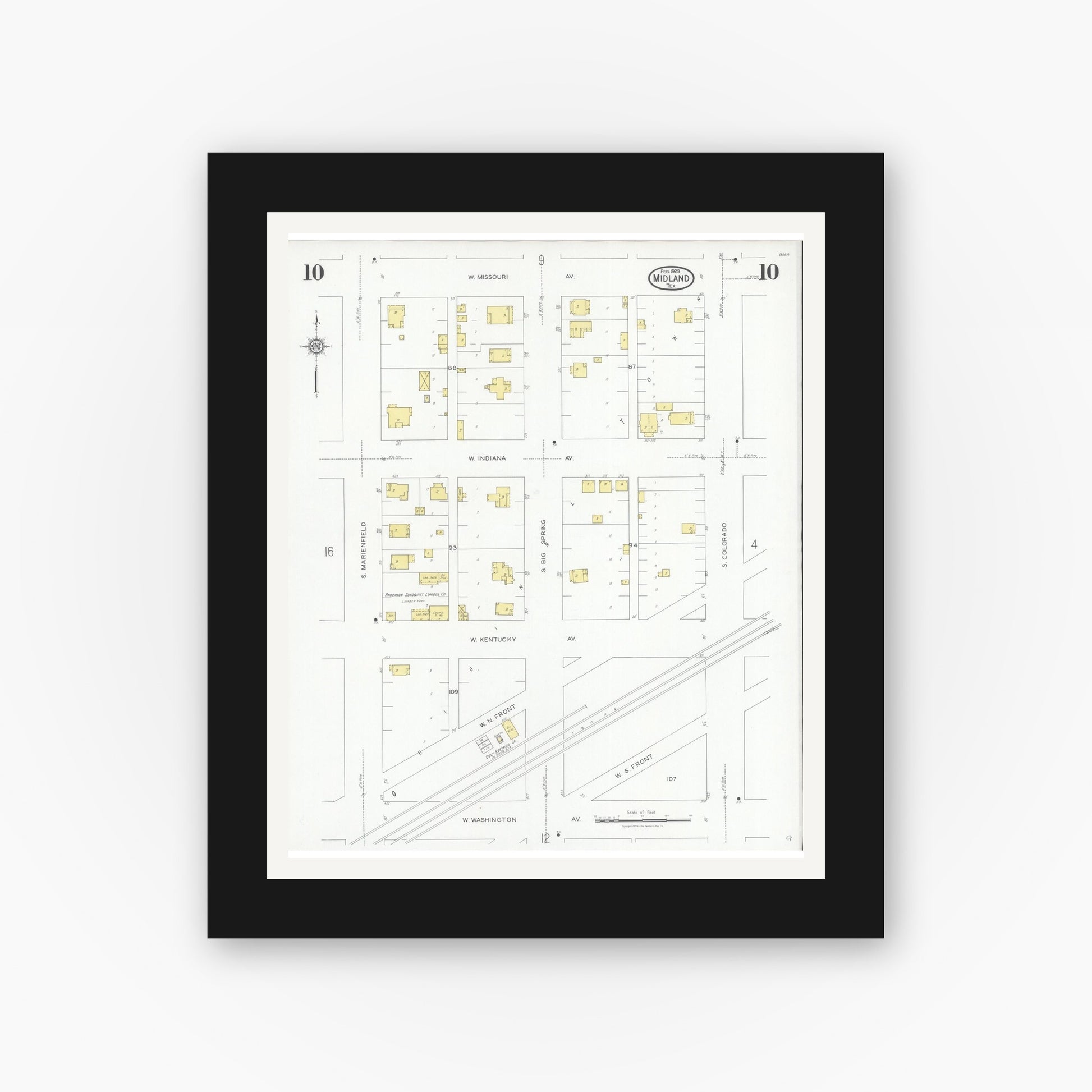 Old map wall art mockup — black gallery frame with white mat — Sanborn Fire Insurance Map from Midland, Midland County, Texas (1929), Sheet #0010