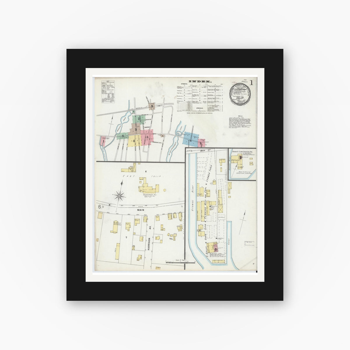 Old map wall art mockup — black gallery frame with white mat — Sanborn Fire Insurance Map from Islip, Suffolk County, New York (1897), Sheet #0001
