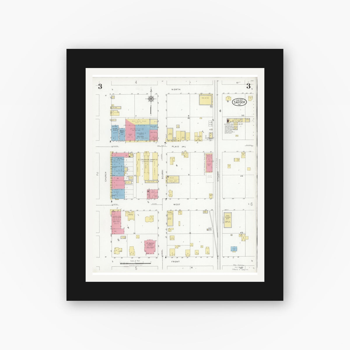 Old map wall art mockup — black gallery frame with white mat — Sanborn Fire Insurance Map from Snyder, Scurry County, Texas (1927), Sheet #0003