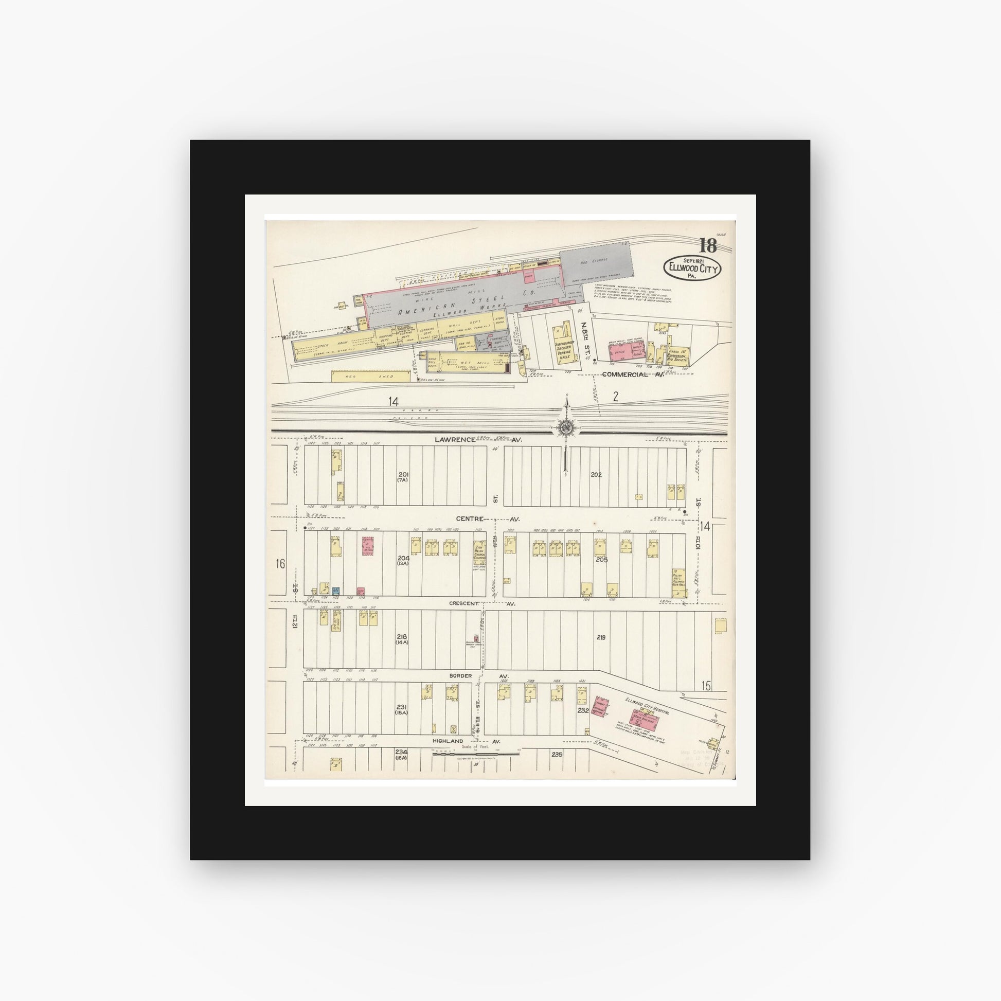 Old map wall art mockup — black gallery frame with white mat — Sanborn Fire Insurance Map from Ellwood City, Lawrence County, Pennsylvania (1921), Sheet #0018