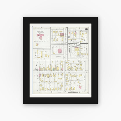 Old map wall art mockup — black gallery frame with white mat — Sanborn Fire Insurance Map from Bloomington, McLean County, Illinois (1896), Sheet #0025