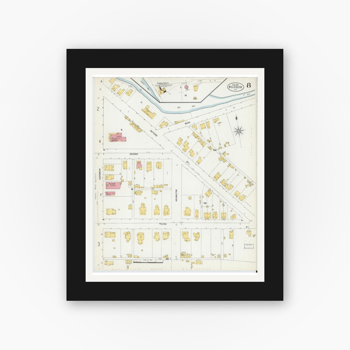 Old map wall art mockup — black gallery frame with white mat — Sanborn Fire Insurance Map from Belvidere, Warren County, New Jersey (1903), Sheet #0008