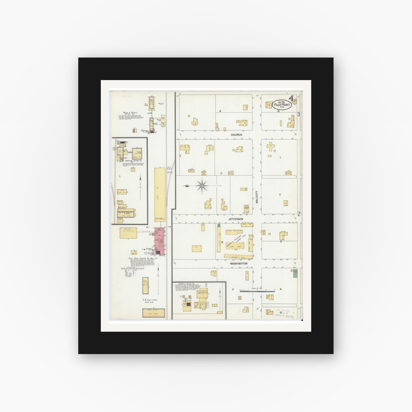 Old map wall art mockup — black gallery frame with white mat — Sanborn Fire Insurance Map from Pilot Point, Denton County, Texas (1901), Sheet #0004