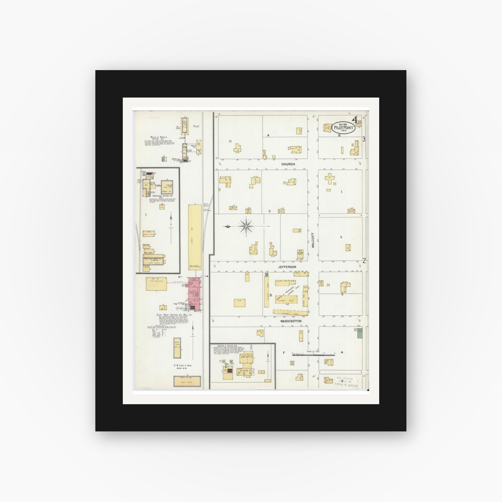 Old map wall art mockup — black gallery frame with white mat — Sanborn Fire Insurance Map from Pilot Point, Denton County, Texas (1901), Sheet #0004